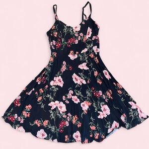 Charcoal Gray and Pink Cottagecore Floral Spaghetti Strap Dress